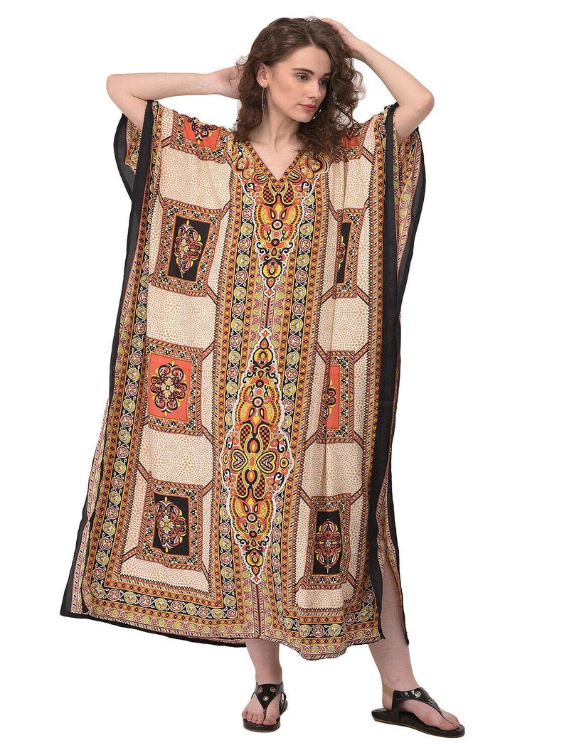 Oussum Ladies Kaftans Kimono Maxi Style Dresses Geometric Printed Caftan Beach Dress Women Plus Size Evening Gown Beige - Image 1